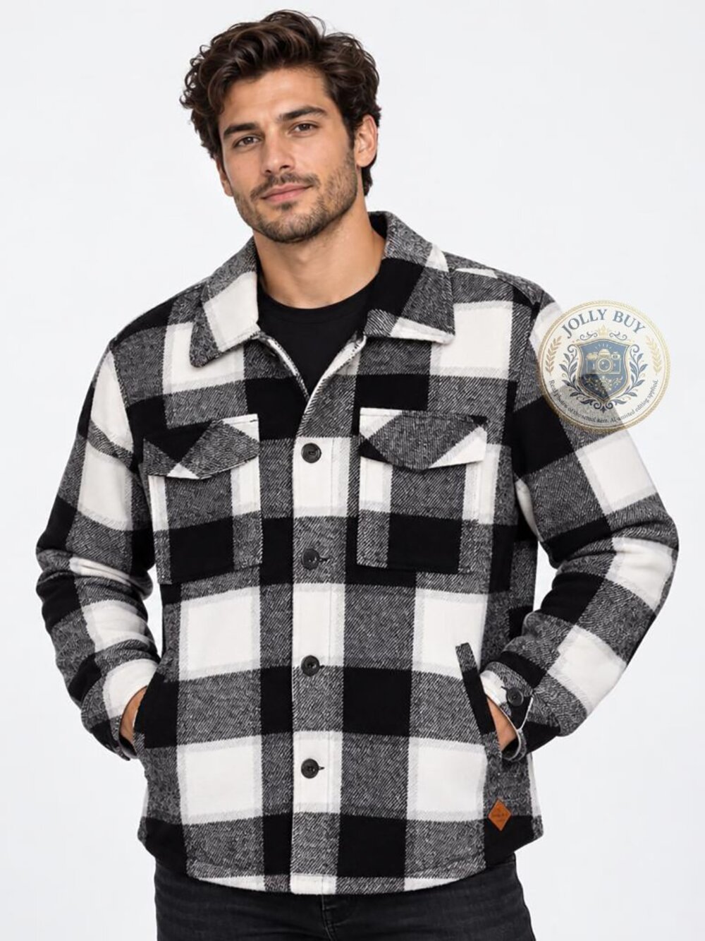 HAGGAR Men’s Utility Shirt Jacket Black Plaid Quilted Lining Shacket Size XL